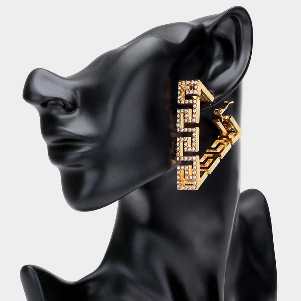 Gold Greek Key Patterned Rhinestone Crystal Triangle Hoop Earrings